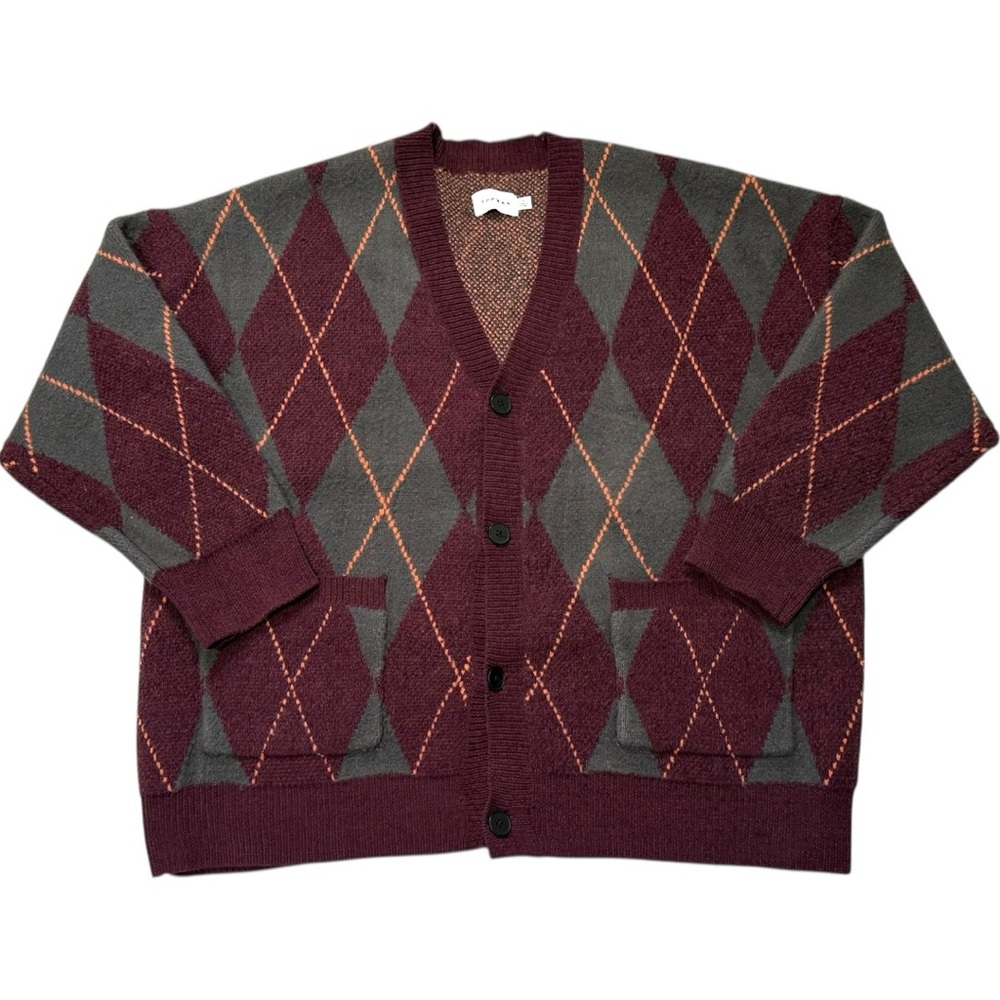 Topman Men’s Plaid Burgundy and Gray Argyle Cardigan - Large‎